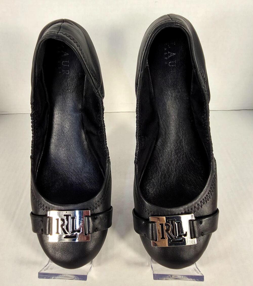 Lauren Ralph Lauren‎ Black Leather Ballet Flats Silver LRL Buckle Shoes Size 6.5